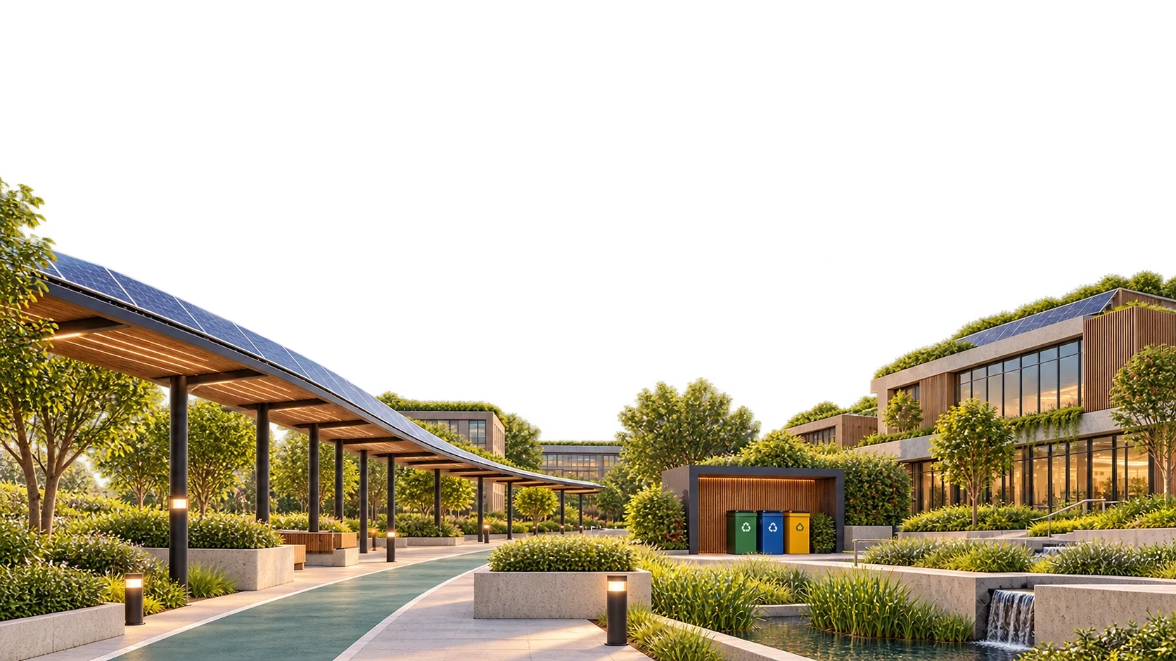 حي مستدام بمظلات شمسية ومسارات خضراء وحاويات تدوير